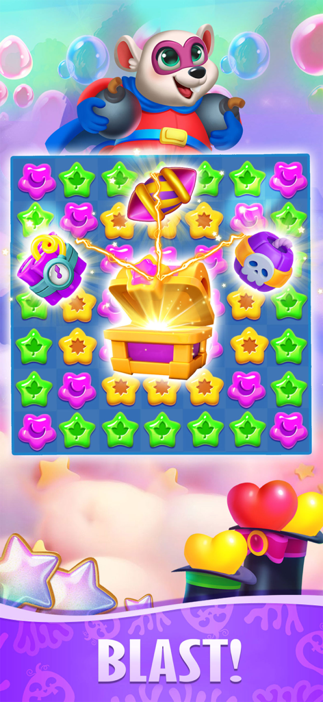 Candy 2026 - Match 3 Game - Gameplay screen of Candy 2026 showing match-3 puzzle board, treasure chest rewards, and a superhero mouse character.