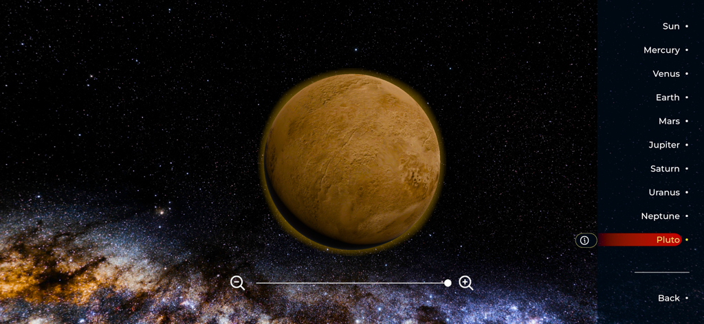Solar System Planets: 3D Space - A high-resolution 3D interactive model of the planet Pluto within the Solar System Planets app interface.