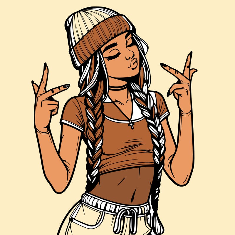 realistic teenage girl with braids and a beanie and crop top doing 🫶🏼