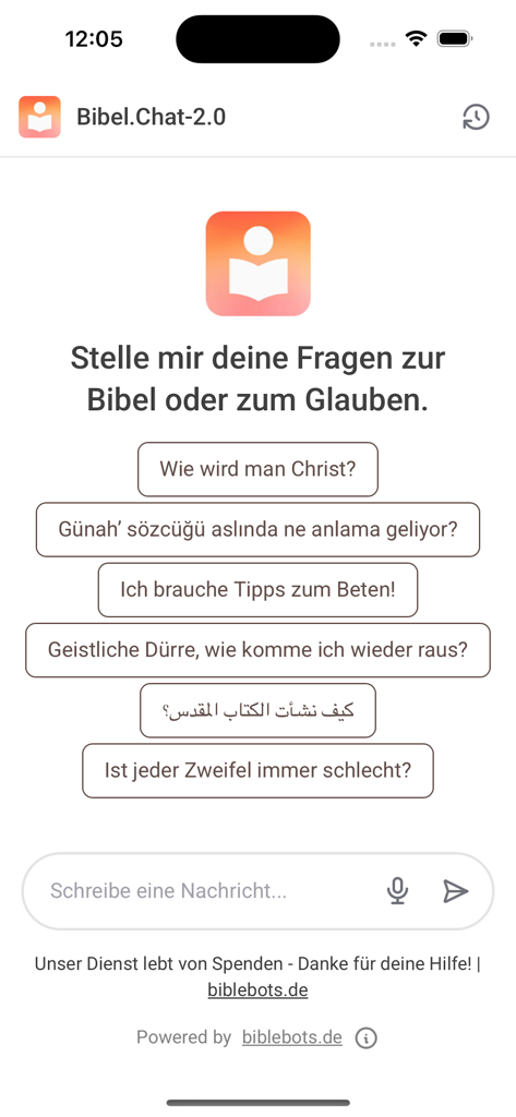 Biblebots - Interfaz de la aplicación Biblebots mostrando un chatbot de IA para el estudio bíblico y preguntas de fe.