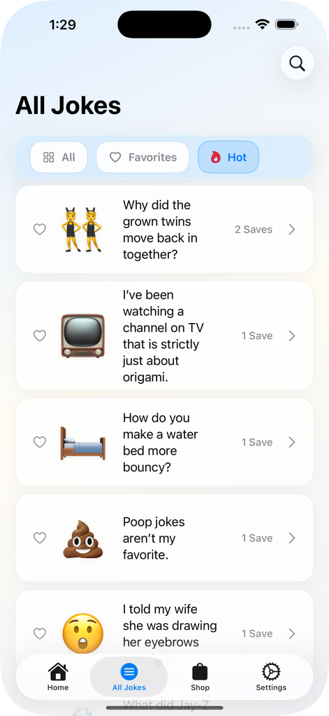 #DadJokes - モバイルアプリのインターフェイスに表示されている、面白くて家族向けのダジャレやDad Jokesのリスト。