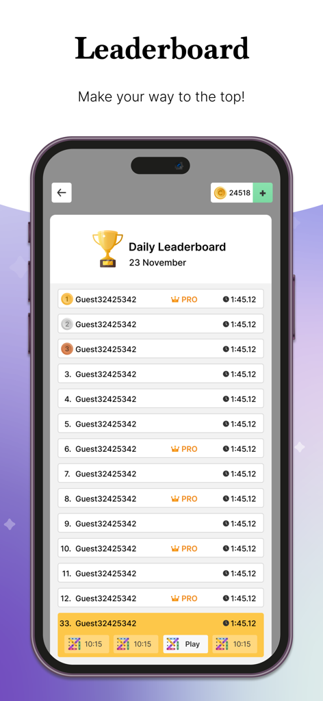 Word Search Colorful - Daily leaderboard screen showing player rankings and times in the Word Search Colorful app