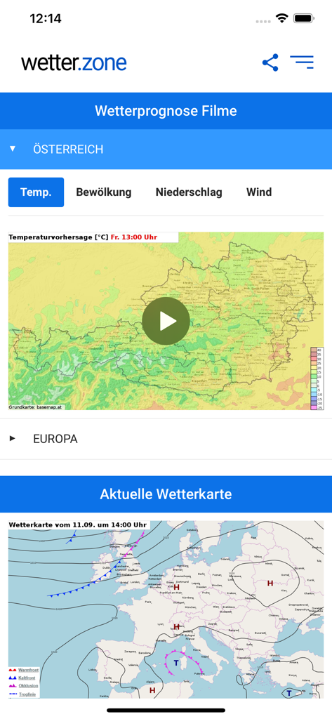 Weather forecast map of Austria and current weather map of Europe in the wetter.zone app