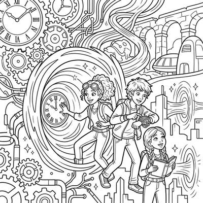 Join a trio of brave young adventurers as they leap through time portals into a world of endless possibilities. This intricate coloring page invites you to imagine their exciting journey through different eras and futuristic landscapes.