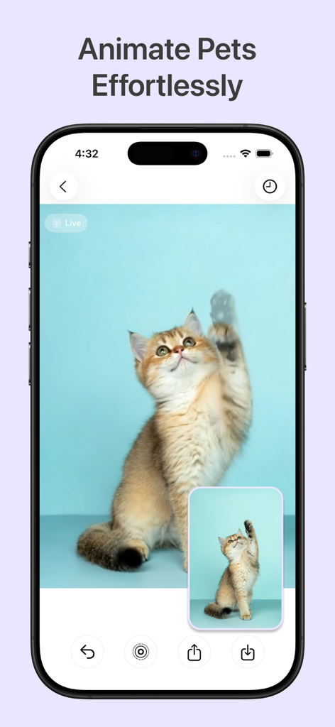 GenLive: AI Video & Live Photo - Un'interfaccia mobile che mostra un'app AI che anima la foto di un gattino