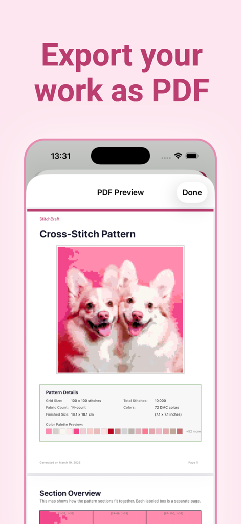 Uma prévia de um padrão de ponto cruz personalizado com dois cães sendo exportado como arquivo PDF no aplicativo StitchCraft.