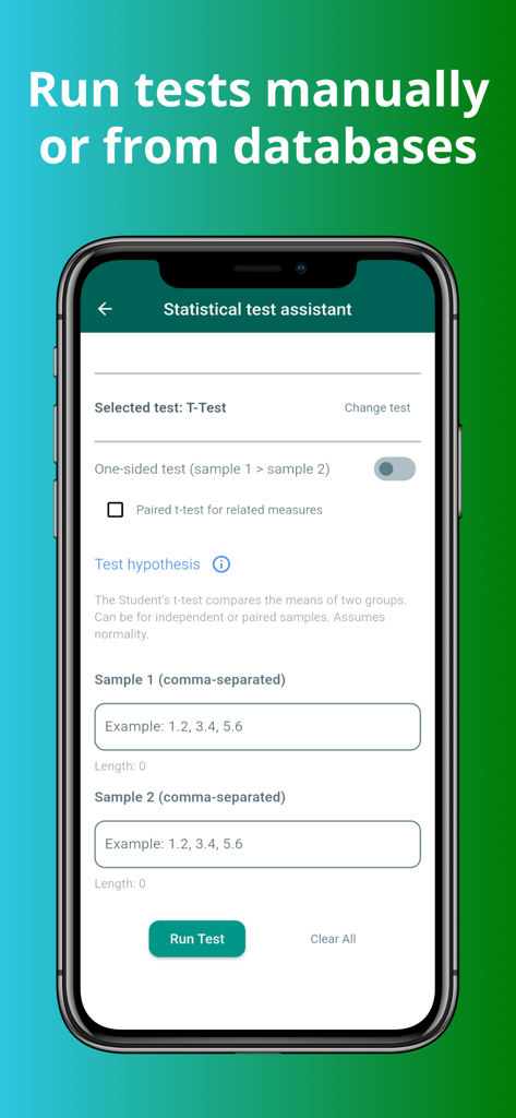 SAPO: AI Statistical assistant - SAPO app screen for manual statistical T-test entry and analysis