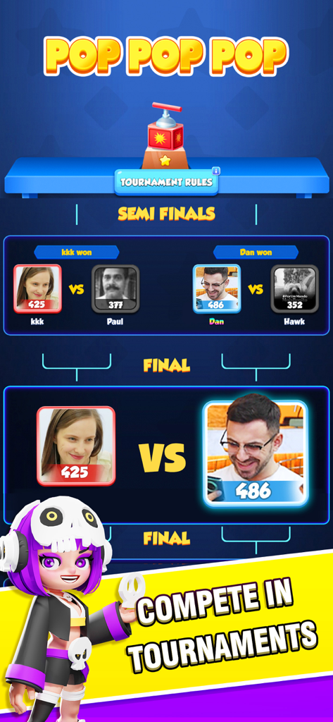 Jewel Party- Match 3 PVP - Pantalla de cuadro de torneo en Jewel Party mostrando jugadores reales compitiendo en una partida PVP de match 3.