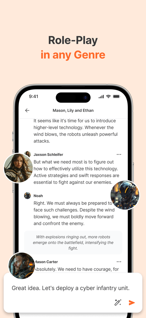 harpy.chat - SF 장르의 AI 기반 그룹 채팅 롤플레잉을 보여주는 harpy.chat 앱 스크린샷
