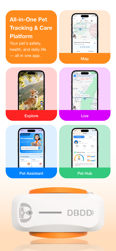 DBDD: Pet Tracker & Assistant - Interface showcasing DBDD pet tracking and health monitoring app features including map explore and pet assistant.