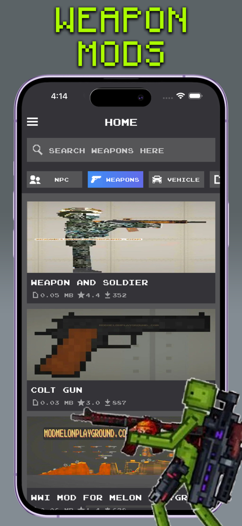 Mods for Melon Playgrounds - Una interfaz de aplicación móvil para Melon Playground que muestra varios mods de armas como Colt Gun y paquetes de soldados con una barra de búsqueda y filtros de categoría.