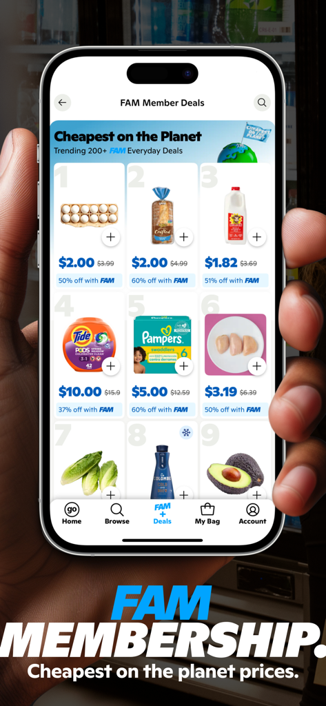 Gopuff app screen displaying exclusive FAM member discounts on everyday grocery and household items.