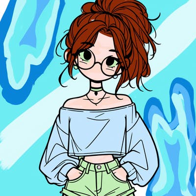 girl with a messy ponytail glasses a baggy crop top and jean shorts