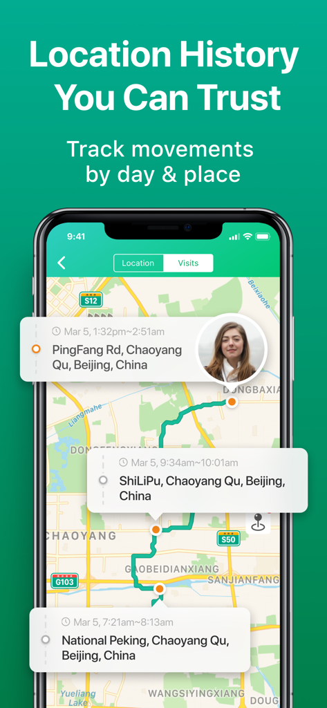 Find My Friends · Family Phone - Location history map showing tracked movements and timestamps in the Find My Friends app