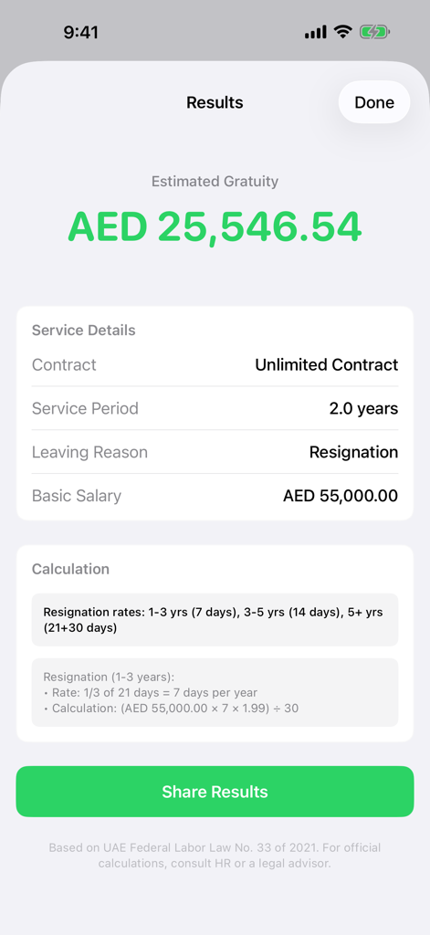 Gratuity Calculator : UAE - Results screen of the UAE Gratuity Calculator app showing an estimated end of service benefit calculation
