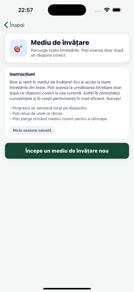 Pantalla de instrucciones del modo de aprendizaje para la aplicación de preparación de la licencia de caza.