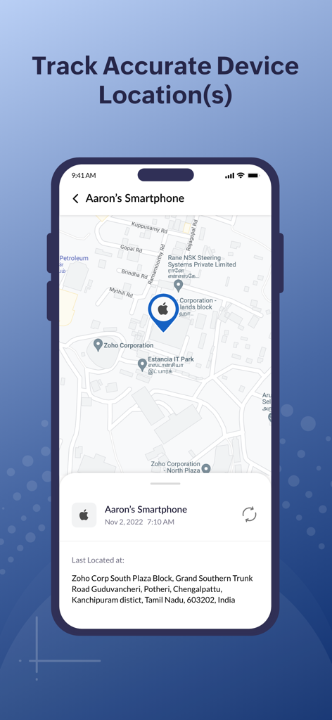 Interfaccia di Mobile Device Manager Plus che mostra la posizione geografica in tempo reale di uno smartphone gestito su una mappa