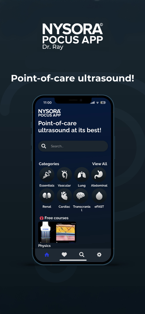 Point of Care Ultrasound - Interface do aplicativo NYSORA POCUS exibindo categorias de diagnóstico para ultrassom point of care