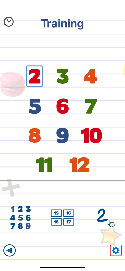 Math games for kids. - A math training screen featuring colorful numbers on a lined background with a macaron icon
