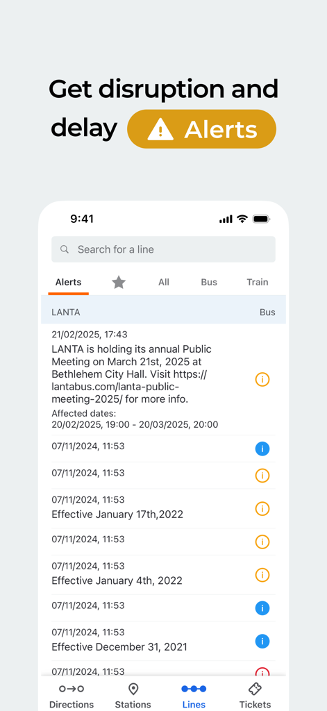 Moovit app interface showing real-time public transit service alerts and delay notifications