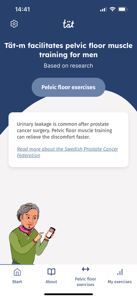 Écran d'accueil de l'application Tät-m pour l'entraînement des muscles du plancher pelvien chez l'homme, avec une illustration d'un homme utilisant son smartphone.