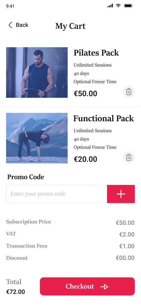 Panier de l'application TrainYourPulse montrant des packs de Pilates et de fitness fonctionnel avec un résumé de la commande.