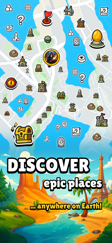 MysteryHike app screen showing a gamified travel map with various exploration icons and a scenic discovery illustration