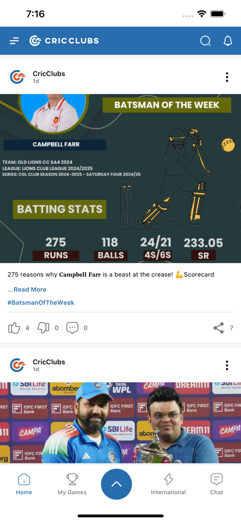 CricClubs - CricClubs mobile app screen showing a batsman of the week post with detailed cricket batting statistics and runs
