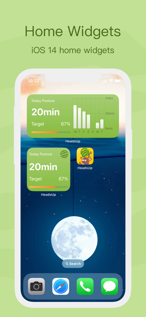 HeadsUp - Improve Posture - HeadsUp posture tracker widgets on an iPhone home screen displaying daily progress and stats