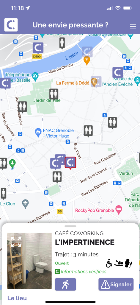 Interface de mapa do aplicativo ICI toilettes mostrando banheiros disponíveis próximos e informações detalhadas de acessibilidade para um local específico.