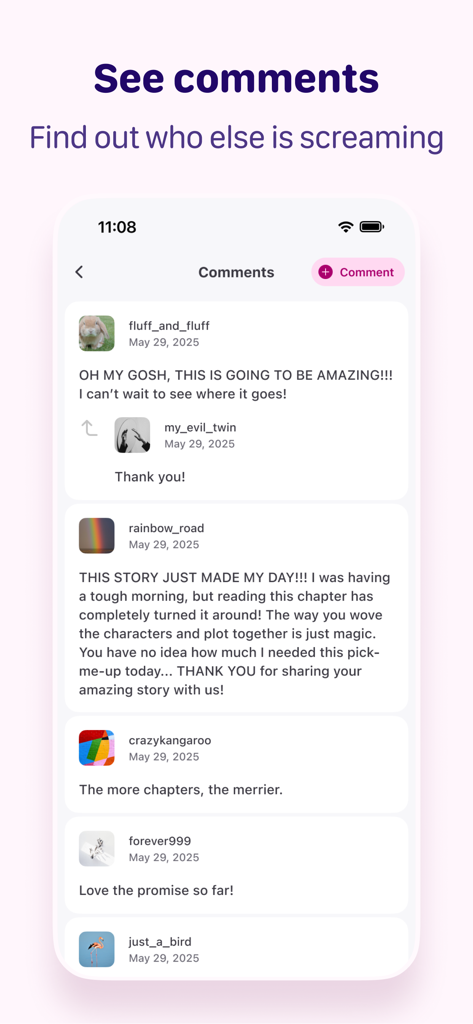 Fictivity: AO3 Unofficial - User comments and discussion section within the Fictivity fanfiction app interface.