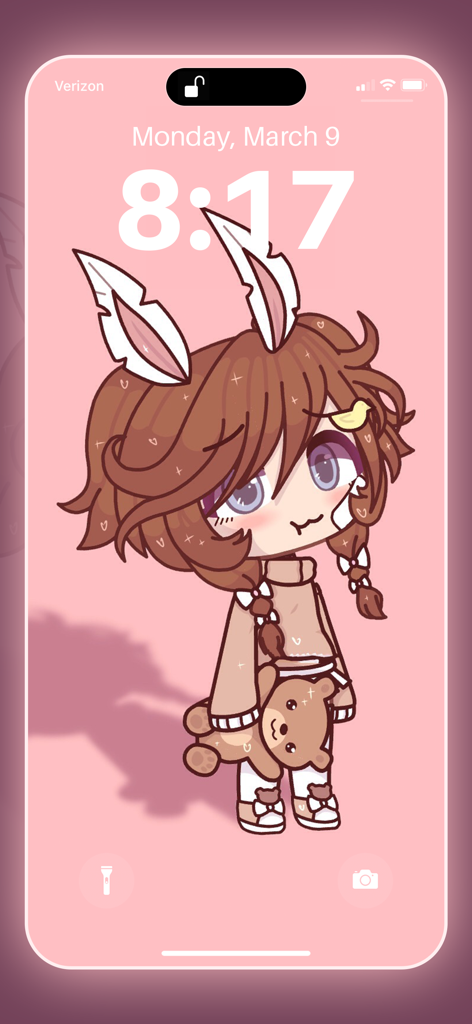 Gacha life HD wallpaper maker - Cute Gacha Life anime character with bunny ears and teddy bear on a pink aesthetic lock screen wallpaper