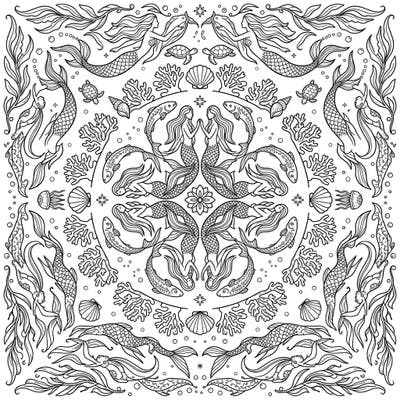 Dive into a mesmerizing underwater world with this captivating Kaleidoscope Mermaids coloring page. Its intricate radial pattern features beautiful mermaids, fish, and marine elements for hours of creative relaxation.