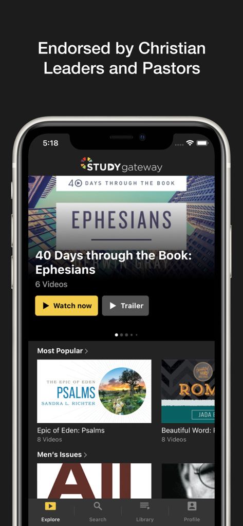 Study Gateway - The Study Gateway app interface showing video Bible studies from various Christian authors and pastors.