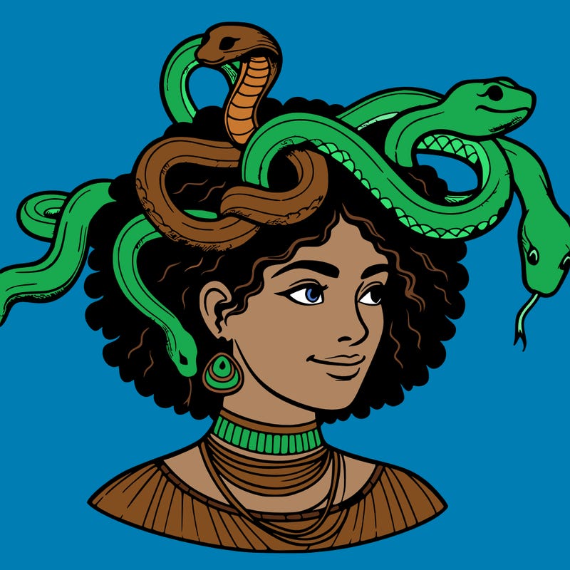 realistic woman snakes on head
