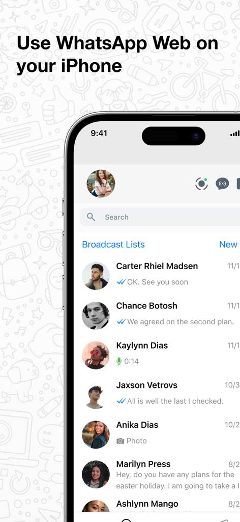 Messenger Web app displaying WhatsApp chat list on iPhone screen
