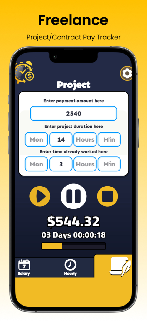 Money Clock: Income Visualizer - Money Clock app freelance project tracker screen showing real-time earnings and project duration.
