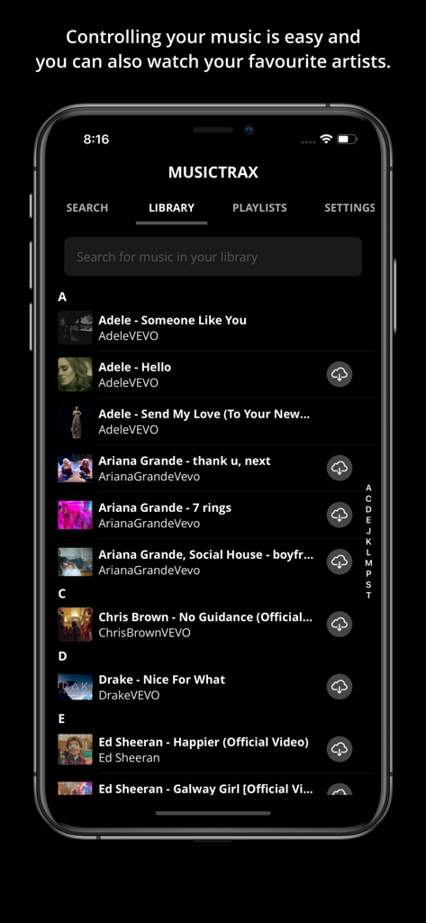 Une capture d'écran de l'interface de la bibliothèque musicale de l'application Musictrax sur un iPhone affichant des chansons d'Adele et Ariana Grande.