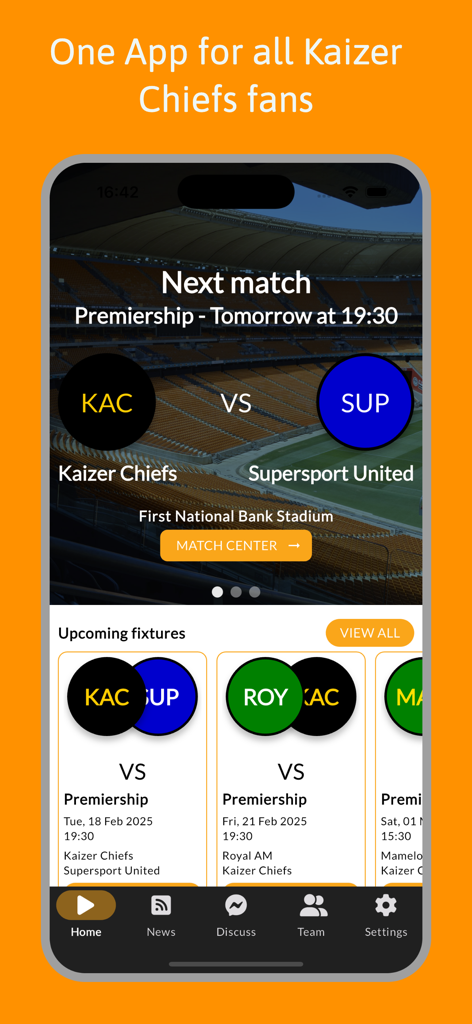 Chiefs Live — for Amakhosi fan - Pantalla de inicio de la aplicación móvil Chiefs Live mostrando los próximos partidos y encuentros de Kaizer Chiefs