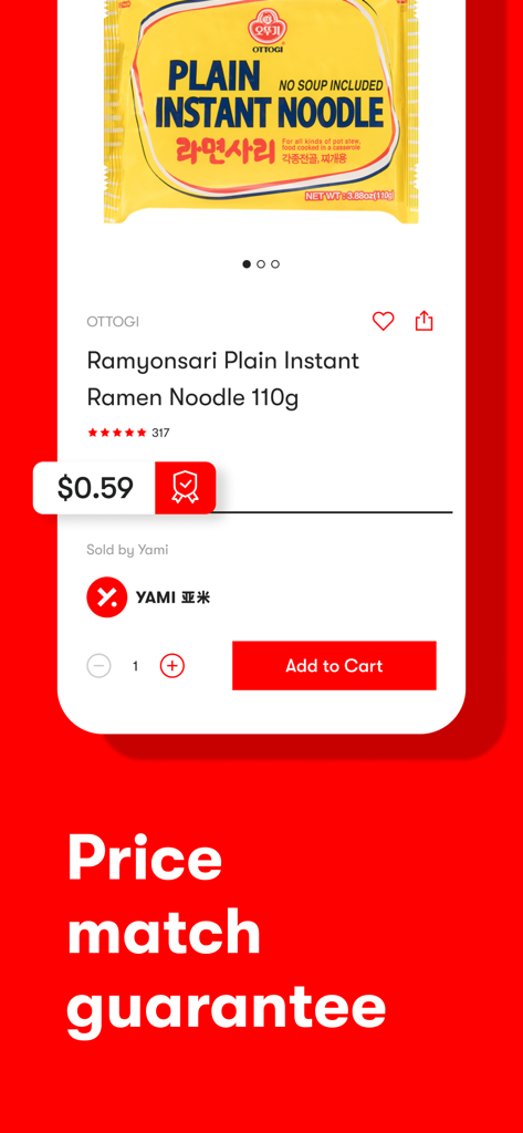 Yami app product page for Ottogi ramen noodles highlighting a price match guarantee