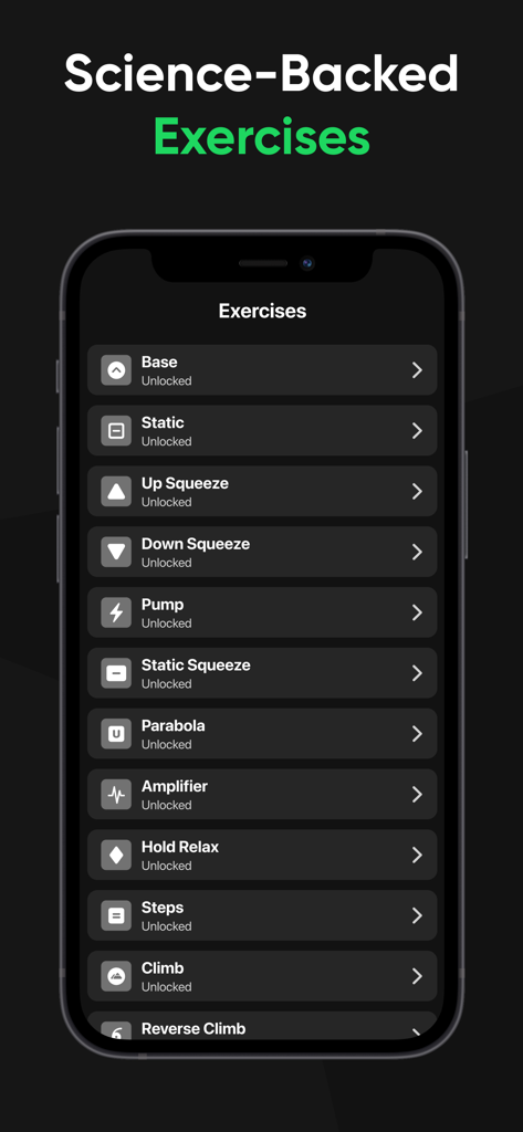 Kegel Gym: Men's Health Coach - List of science-backed pelvic floor exercises in the Kegel Gym app.
