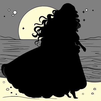 beautiful woman with a vaporous long dress walking on the beach at the noon, detailed art