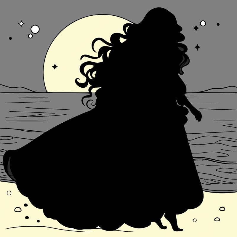 beautiful woman with a vaporous long dress walking on the beach at the noon, detailed art