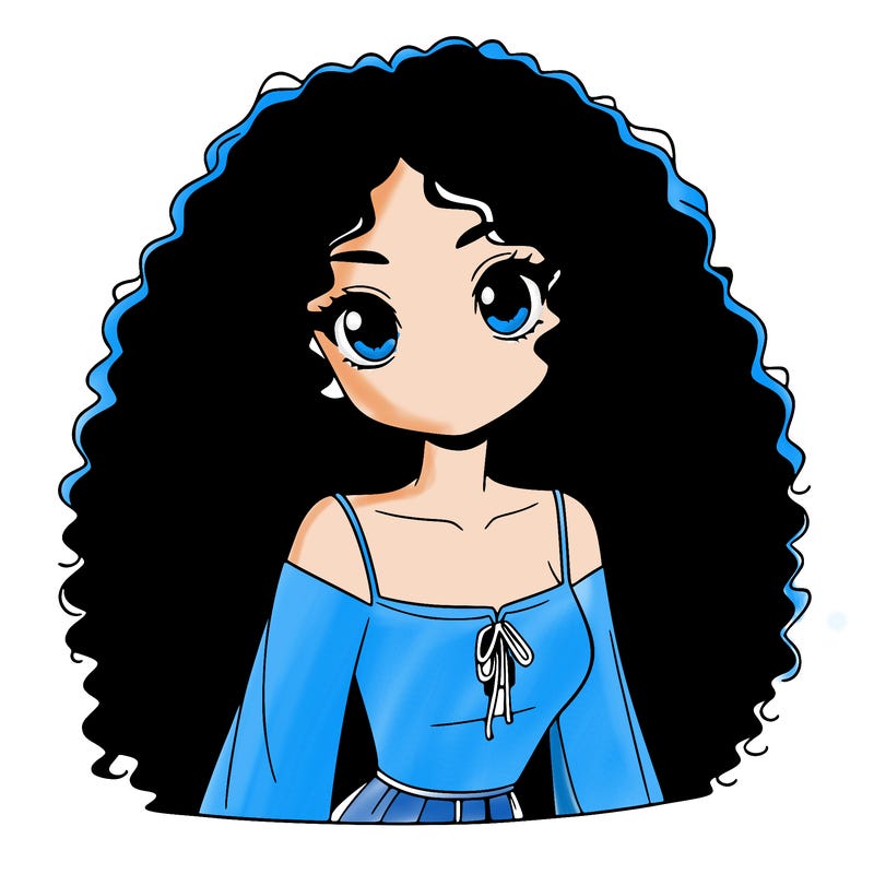 a black anime girl with long afro hair