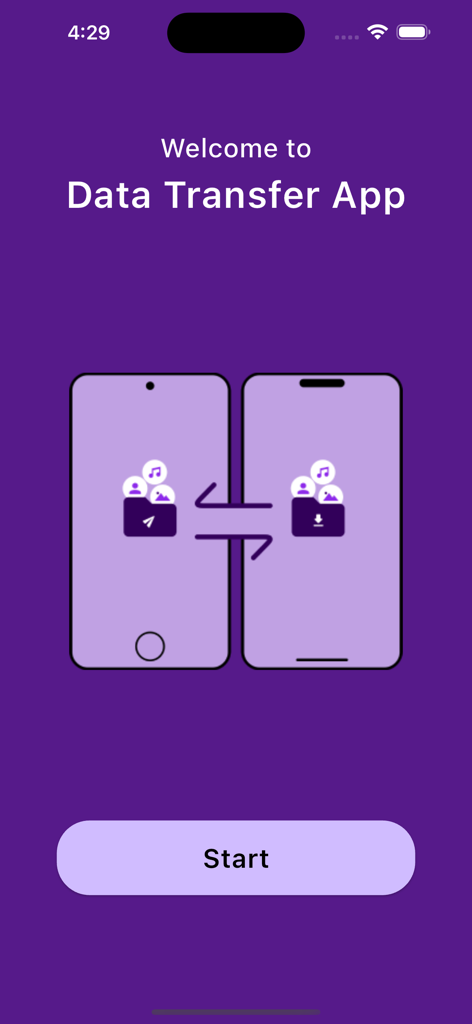 Welcome screen of the Data Transfer App illustrating seamless file sharing between two mobile devices.