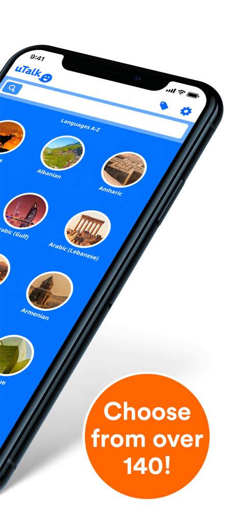 uTalk app interface on a smartphone showing a list of over 140 languages to learn