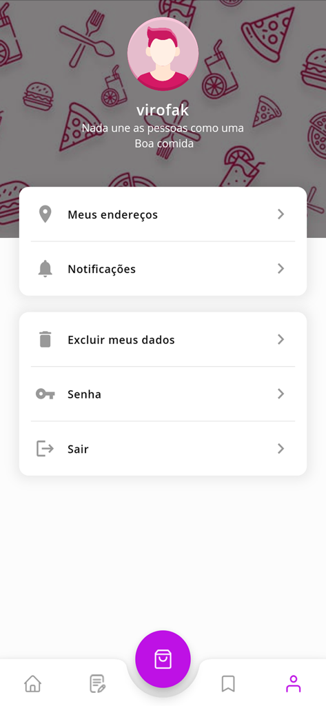 Biggi Delivery - Pantalla de perfil de usuario y configuración de cuenta de la aplicación Biggi Delivery en portugués.
