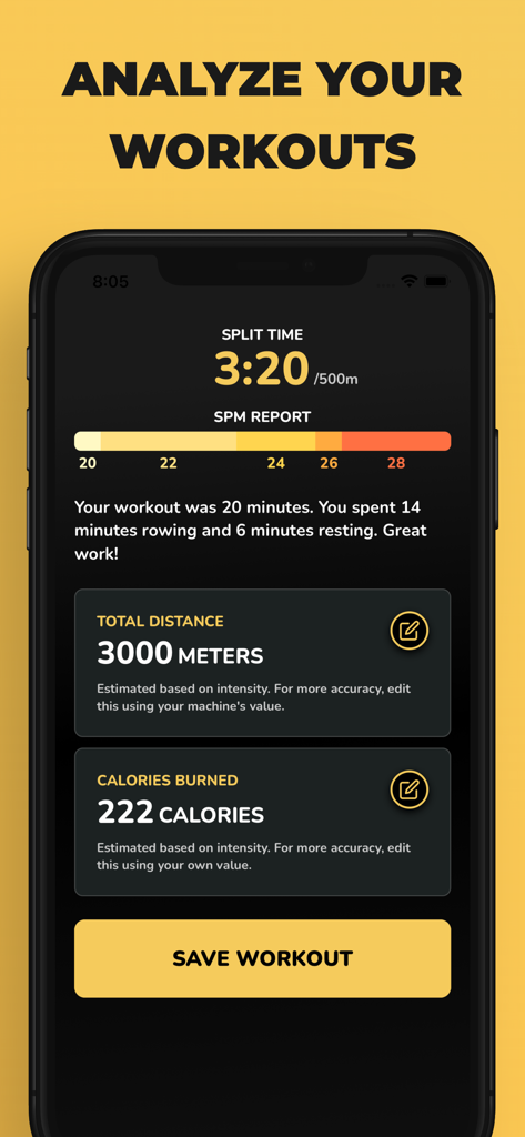 Start Rowing: Workouts Coach - Rowing app summary screen showing workout metrics including 3000 meters distance and 222 calories burned