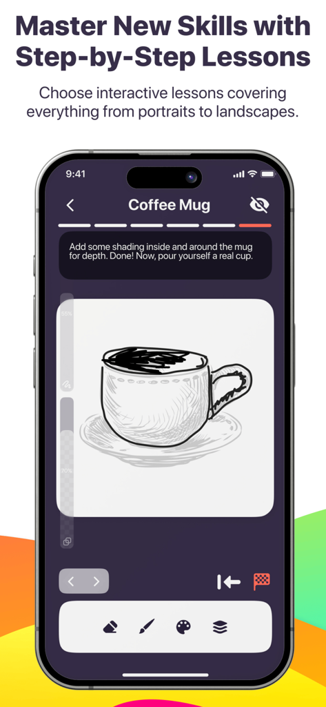 Sketchify - AR Drawing Lessons - Interface de l'application Sketchify montrant une leçon de dessin étape par étape pour une tasse à café avec des instructions et des outils d'art numérique.