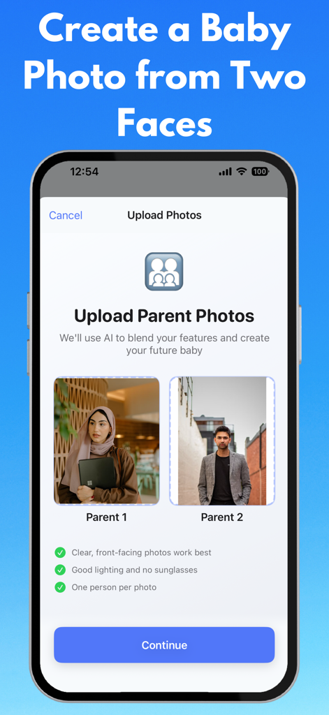 AI Baby Generator: Baby Gen AI - Pantalla de la aplicación AI Baby Generator para subir fotos de los padres para crear una imagen de un futuro bebé